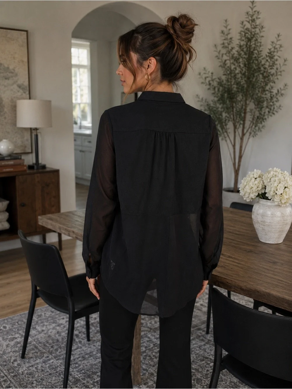 Free People Sheer Black Button Down Blouse Oversized Small